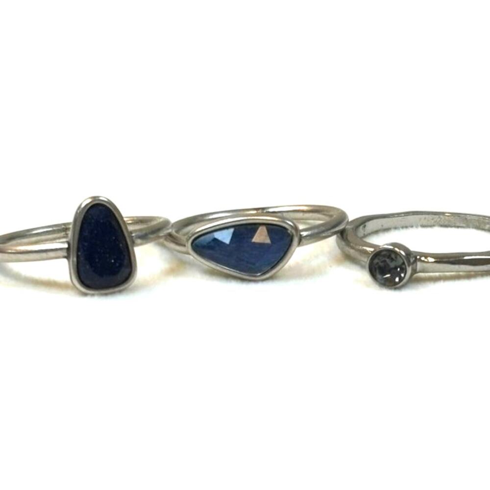 Silver Tone Ring Set 3 Blue Stones & Rhinestone Size 6.5 7 Stackable Boho